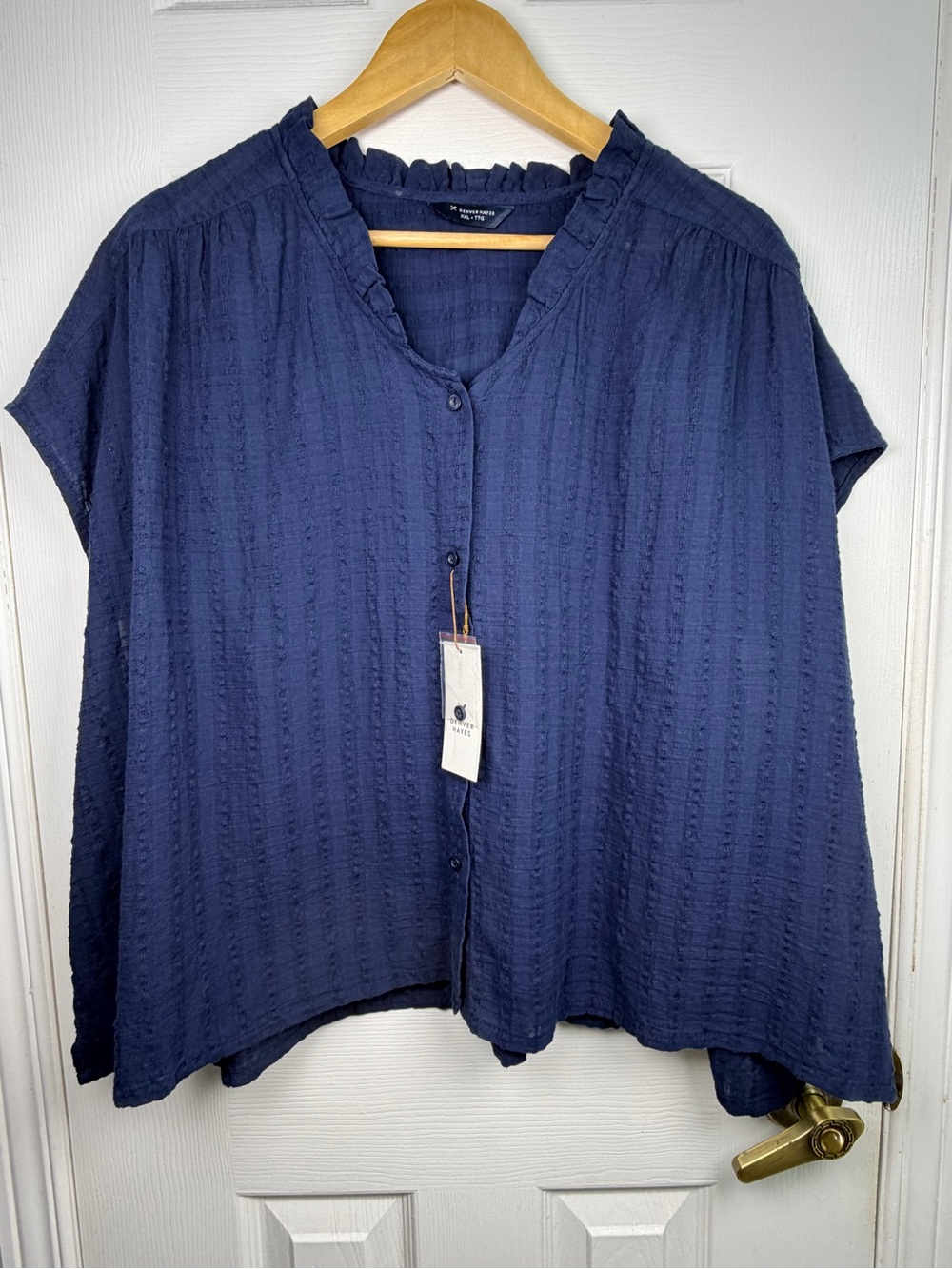 Denver Hayes Navy Textured Button-Down Women's XXL Ruffle Neck Boho NWT Earthy